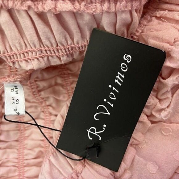 R.Vivimos Baby Pink Swiss Dot Cotton Puff Sleeve Ruffled Swing Mini Dress XL NWT - Picture 6 of 10